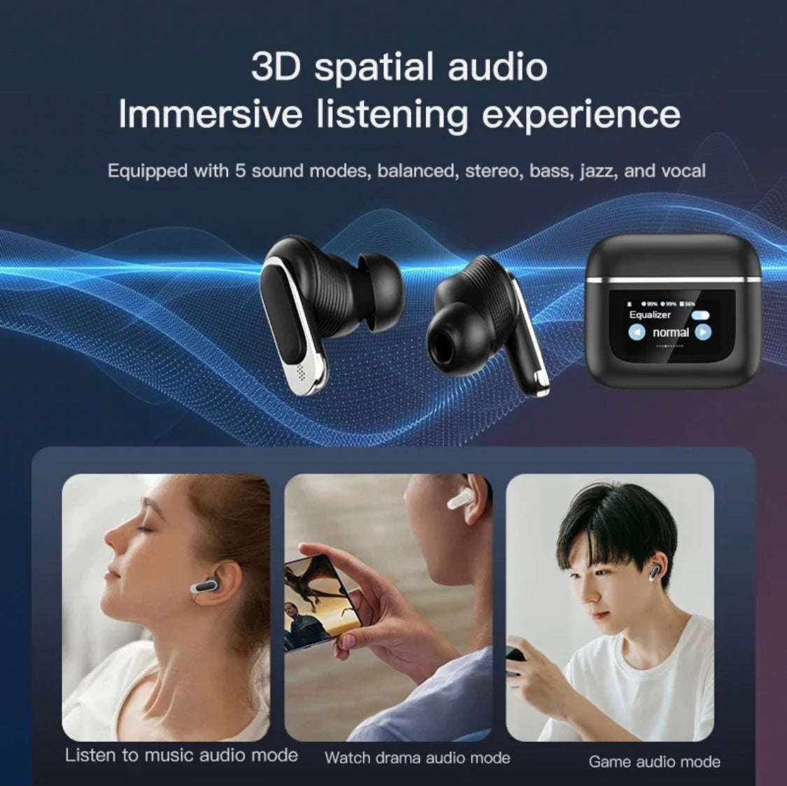 LCD Touch Screen EarBuds, Bluetooth Touch Control Noise Reduction EarBuds, Digital Wireless Bluetooth Earphones