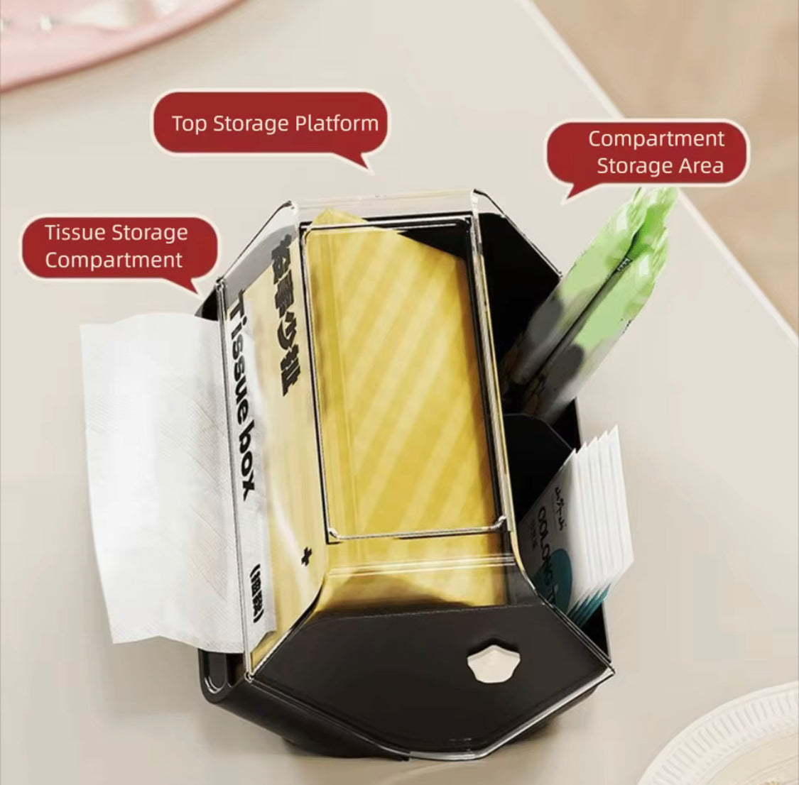 Durable Plastic Anti Slip Tissue Box, Decorative Tissue Case Holder, Desktop Tissue Holder With Compartments