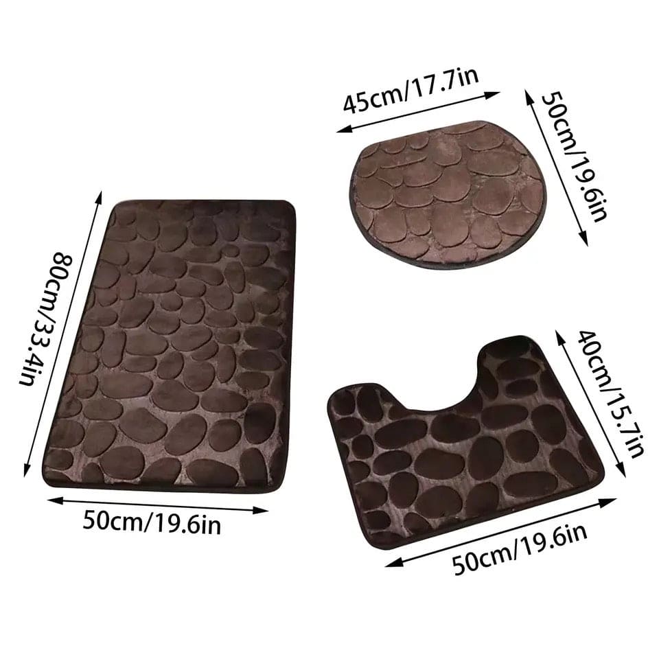 Set Of 3 Bathroom Mat, U-Shaped Contour Mat and Toilet Seat Cover ,Toilet Anti Slip Absorbent Rug, Pebbles Bathtub Decor Carpet, Soft Non Slip Cobblestone Mat, Memory Foam Pebble Shower Mat, Quick Drying Bathroom Mat
