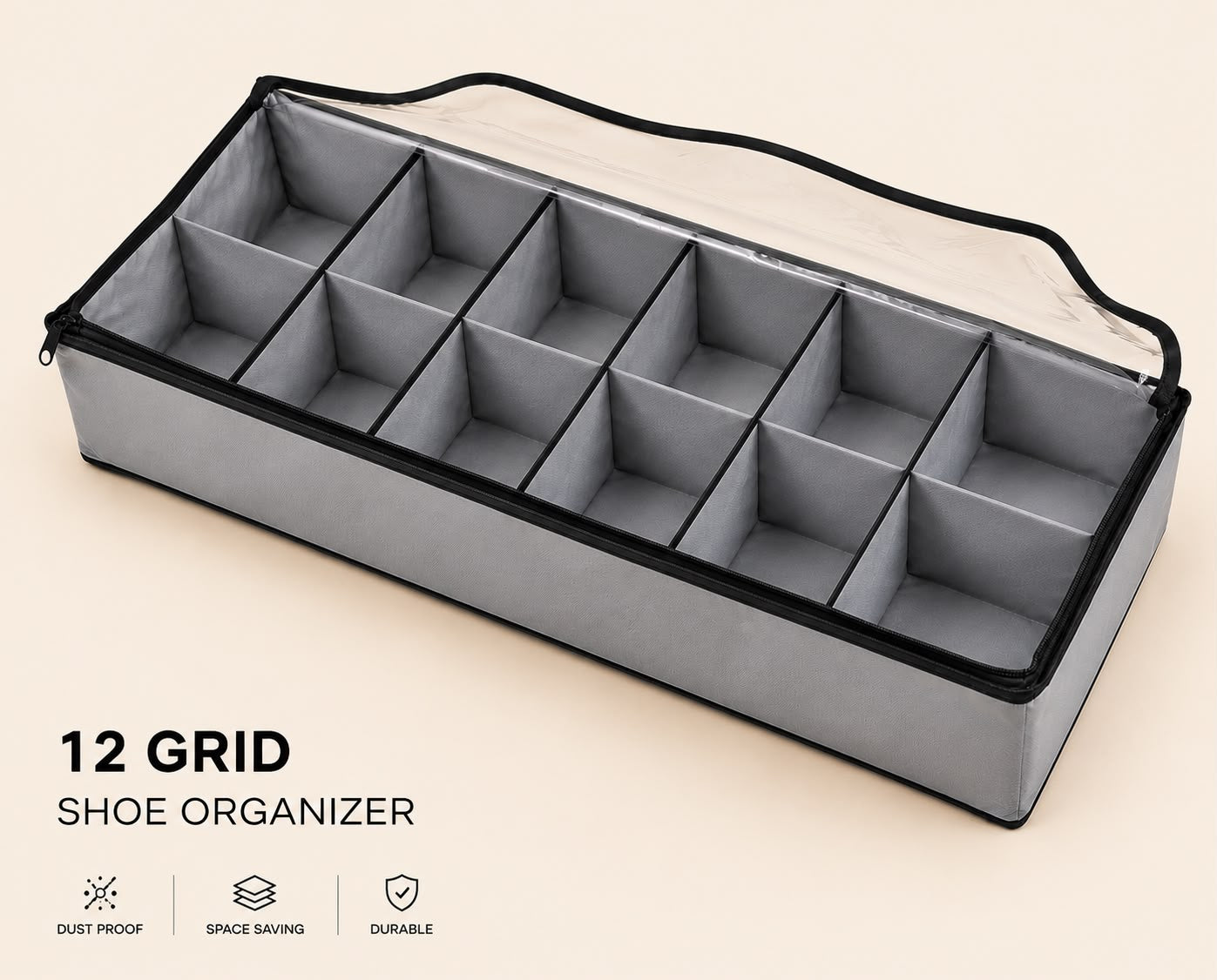 6 Grid Under Bed Shoe Organizer, Dustproof 8 Slot Shoe Storage Box, Multi-Compartment Shoe Organizer With Zipper Cover, Space Saving 12 Grid Shoe Storage Case