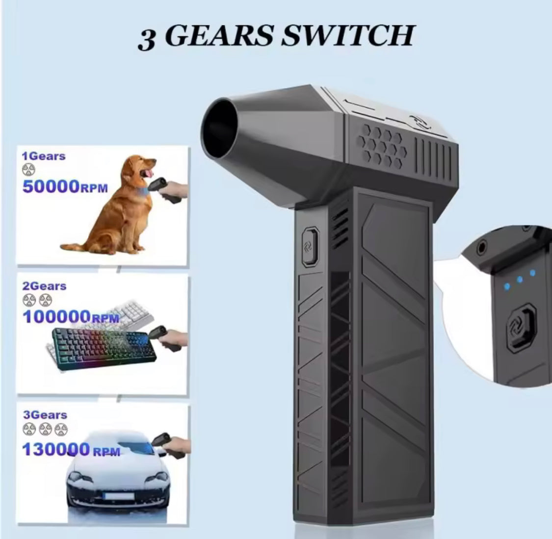 Rechargeable Powerful Blower with LED, Mini Turbo Jet Fan, Adjustable Wind Speed Turbo Violent Blower
