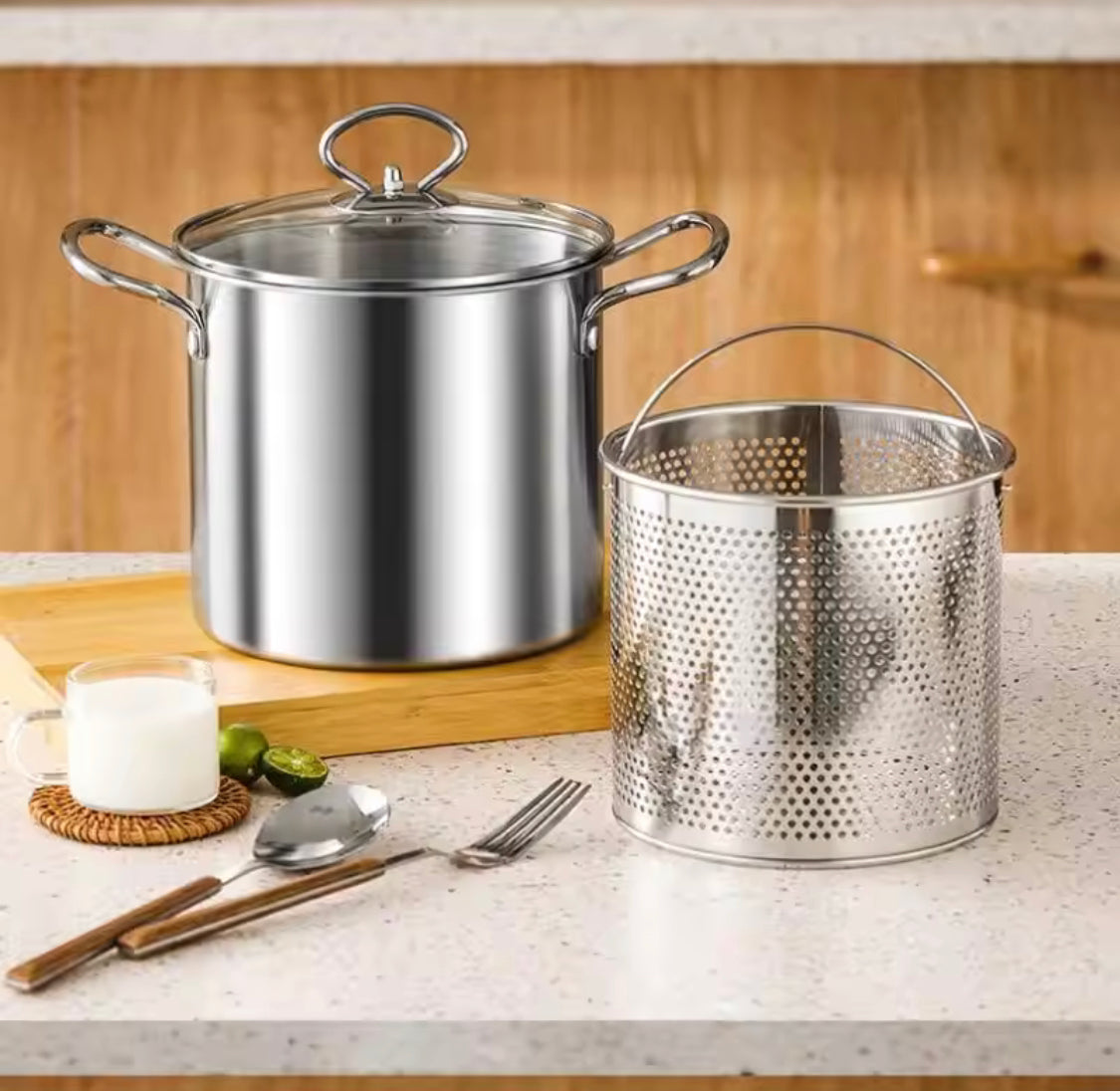 3.5L Deep Fryer Pot With Glass Lid, Stainless Steel Frying Pot With Mesh Steamer Basket, Kitchen Tools