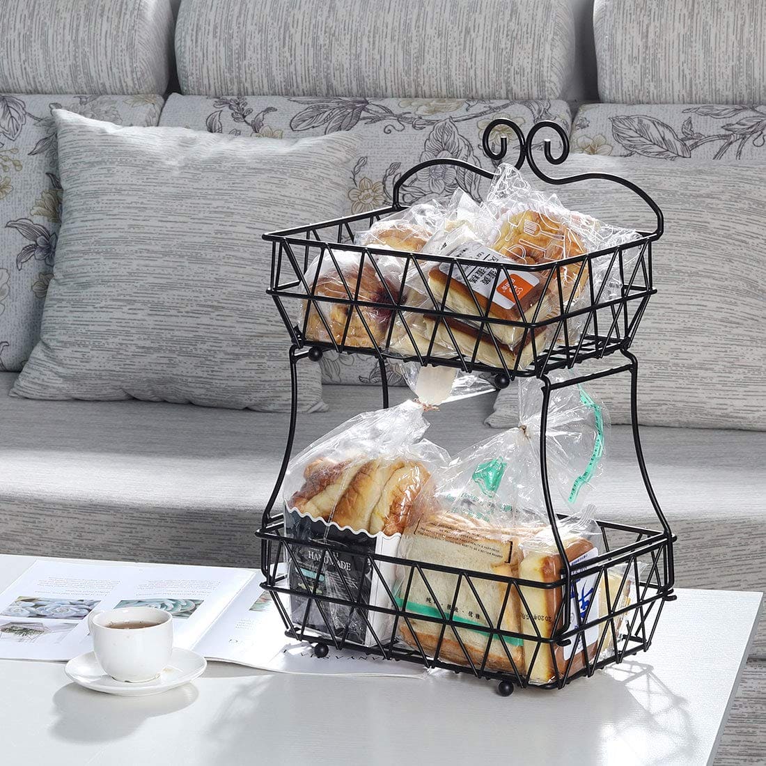 Regular Metal Fruit Basket, 2 Tier Metal Bread Basket, Portable Kitchen Storage Countertops Shelf Rack, Metal Black Fruit And Vegetable Storage Stand