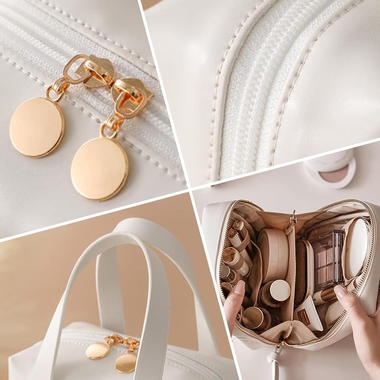 Shell Shape Cosmetic Bag, Large Capacity Handheld Cosmetic Bag, Multiple Compartments PU Travel Pouch, Waterproof Wash Kit Handbag, Fashionable Makeup Organizer with Handle, Stylish Double Zipper Travel Bag