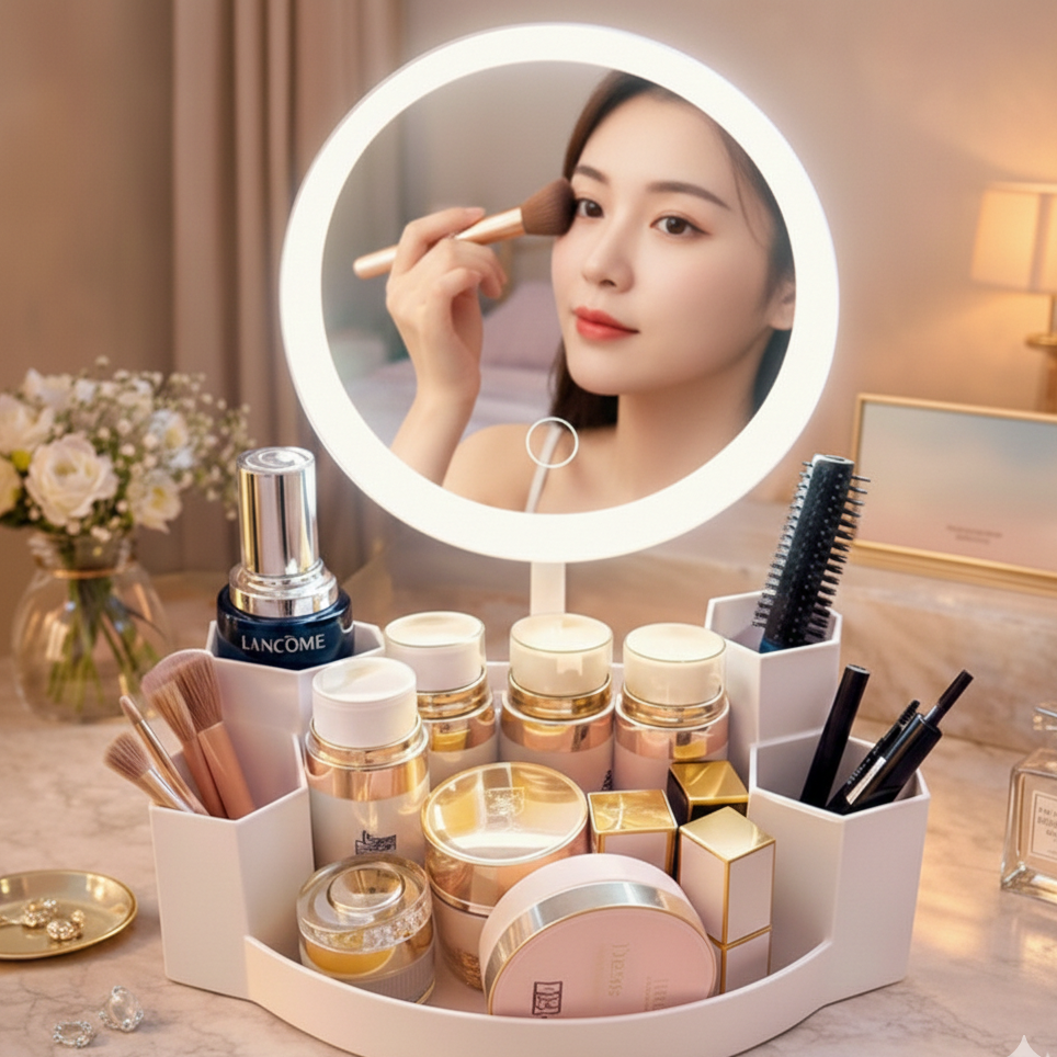 3 Tone Dimmable Touch LED Vanity Mirror, Makeup Organizer Box with LED Light Mirror, Multipurpose Makeup Organizer