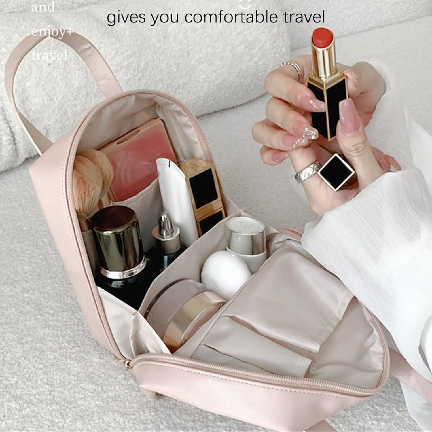 Shell Shape Cosmetic Bag, Large Capacity Handheld Cosmetic Bag, Multiple Compartments PU Travel Pouch, Waterproof Wash Kit Handbag, Fashionable Makeup Organizer with Handle, Stylish Double Zipper Travel Bag