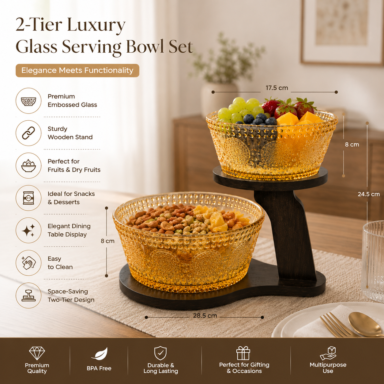 Nordic 2 Tier Dessert And Snack Display Stand, Elegant Glass Fruit Bowl With Wooden Stand, Luxury Glass Serving Bowls With Wooden Base