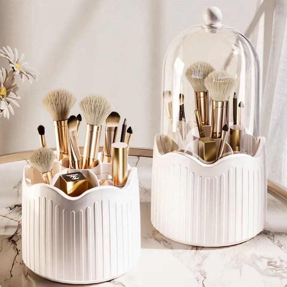 Wave Makeup Brush Organizer, Starry 360° Rotating Makeup Organizer, Cosmetic Organizer Bucket with Visible Cover, Desktop Makeup Brush Storage Bucket, Multifunctional Desktop Stationary Organizer, Dustproof Rotating Makeup Brush Holder