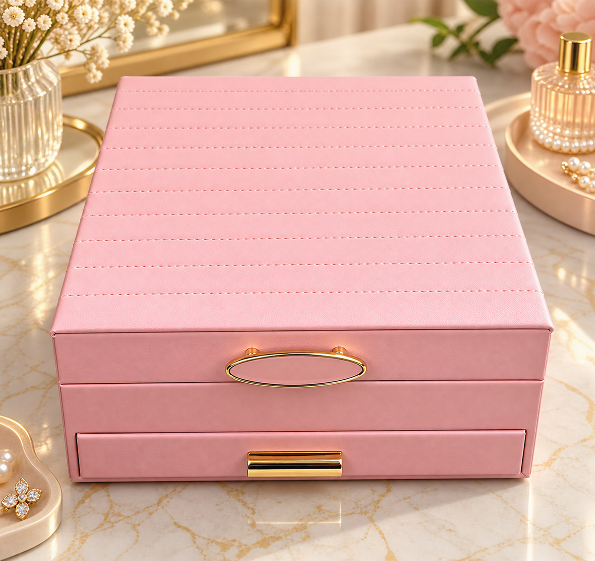 Multi Compartment Jewelry Organizer Case, Elegant Jewelry Storage Box with Gold Handles, Jewelry Organizer Box with Necklace Holder & Storage Drawers