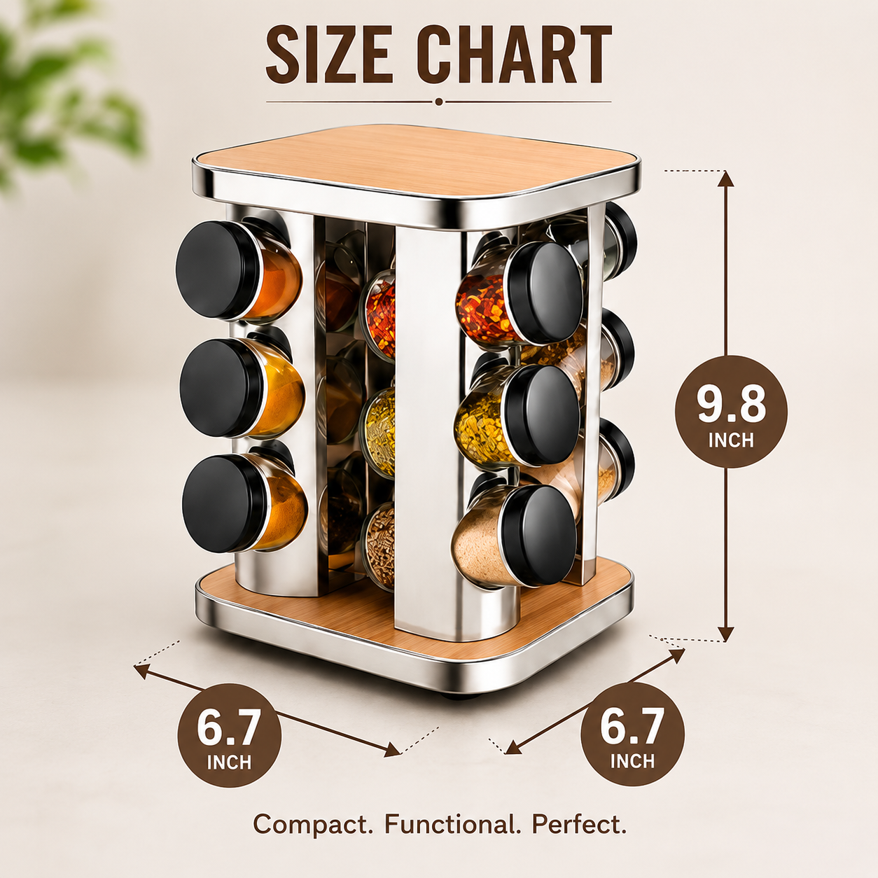 Stainless Steel Rotating Spice Rack with Wooden Top, Rotating Spice Carousel with Glass Jars, Multipurpose Seasoning Rack Organizer, Elegant Wooden Touch Spice Rack Set