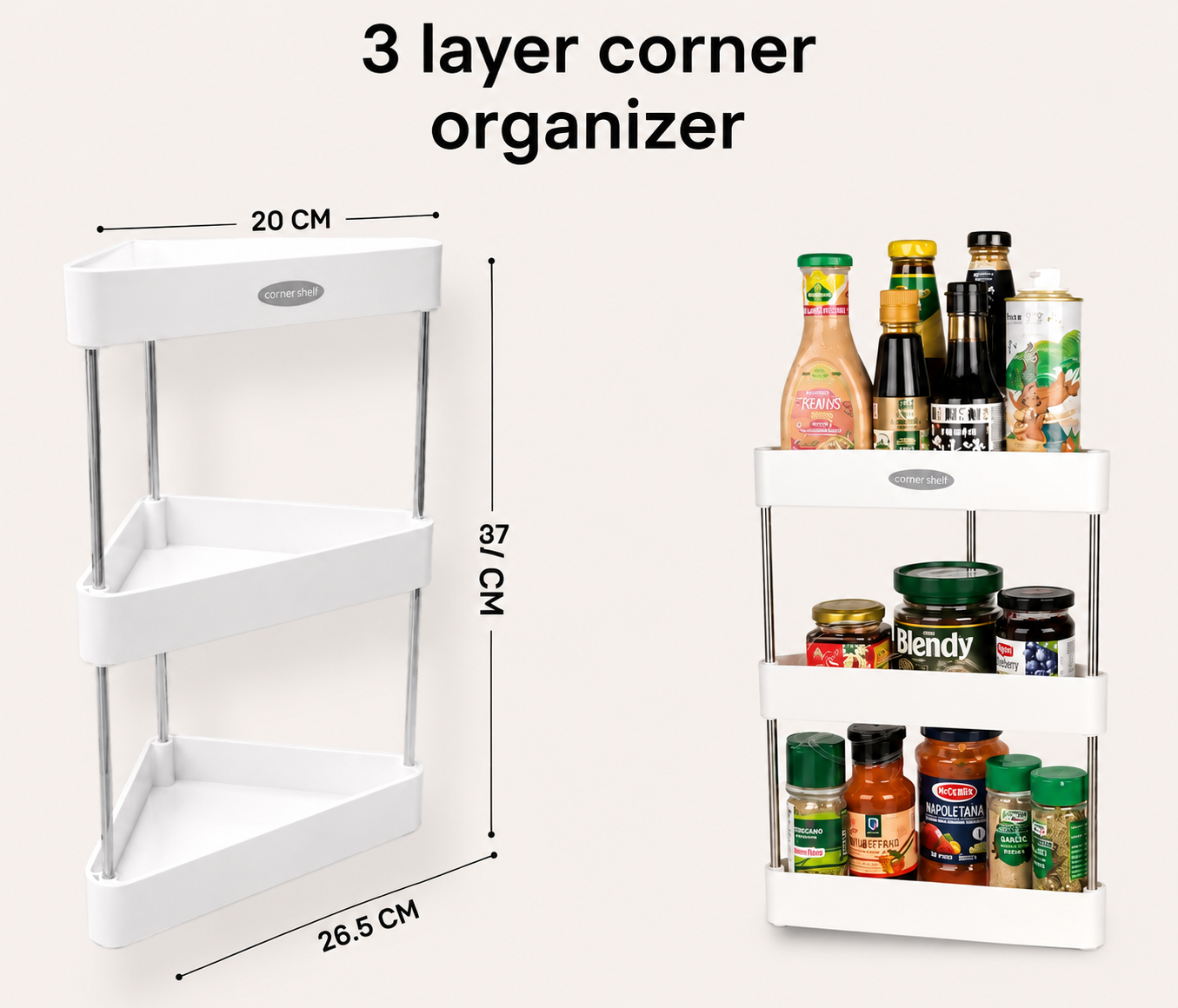 3 Tier Triangle Storage Utility Rack, Corner Organizer Rack, Space Saving Storage Shelf