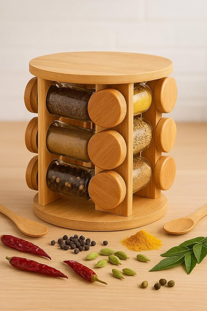 360° Rotating Wooden Spice Jar Organizer, Round Shape Kitchen Masala Rack with Jars Set, Spice Jar Stand, Kitchen Storage Organizer