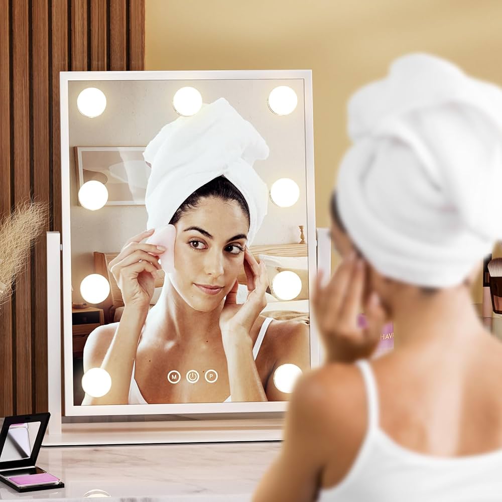 Smart Touch Vanity Mirror with Lights, Vanity Makeup Mirror with 3 Dimmable LED Bulbs, Rotatable Dressing Tabletop Mirror