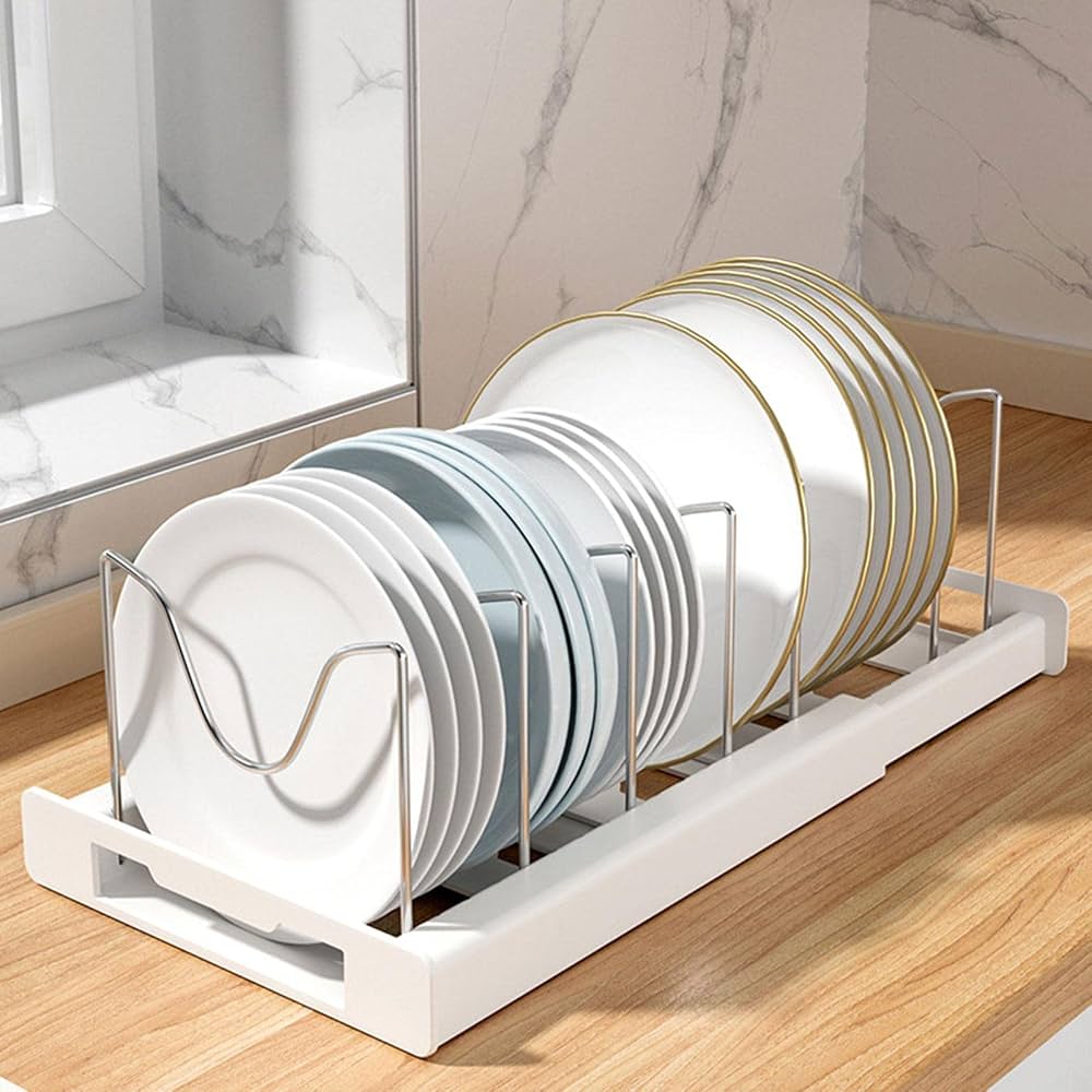 Expandable Pans Organizer Rack, Adjustable 7 Compartments Dish Storage Rack, Pot Lid Organizer, Kitchen Utensils Rack