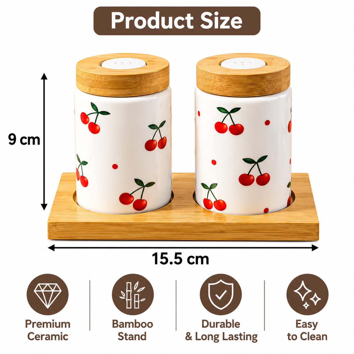 Cherry Print Ceramic Salt & Pepper Shaker Set, Salt Pepper Jar Set with Bamboo Stand, Cute Cherry Salt And Pepper Pots, Kitchen Organizer
