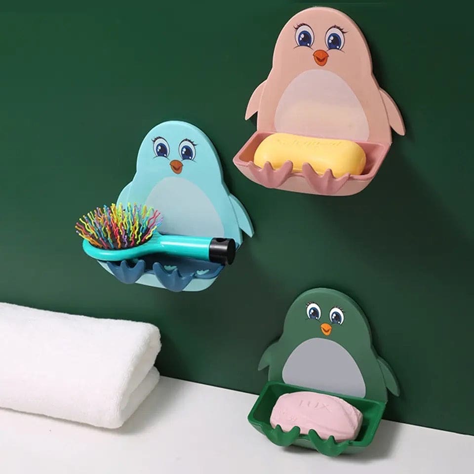 Cute Penguin Soap Box, Penguins Shape Soaps Box with Hook, Cute Drain Toilet Free Punch Shelf Soap Box, Bathroom Soap Case, Dormitory Bath Soap Dish