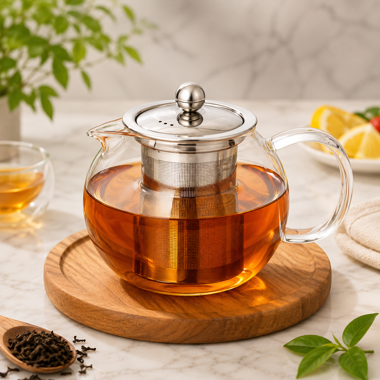 Glass Teapot with Stainless Steel Infuser, Double Wall Glass Tea Infuser Pot, Round Glass Tea Brewing Pot, Transparent Glass Tea Kettle