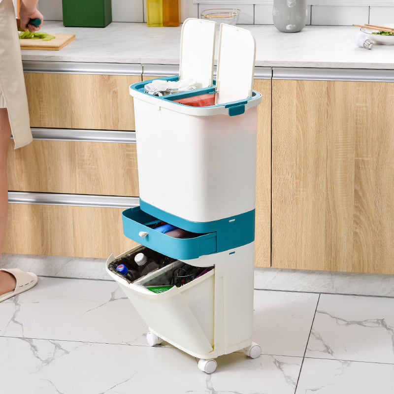 3 In 1 Kitchen Waste Bin Organizer, 2 Layers Garbage Container With Wheels, Smart Dual Trash Bin with Storage Drawer, Multi Layer Kitchen Dustbin, Rolling Kitchen Trash Bin with Drawer, Dual Compartment Waste Sorting Bin