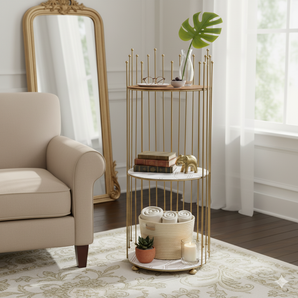 Royal Crown 3 Tier Display Tower, Multi Layer Round Wrought Iron Corner Stand, Vanity Storage Shelf, No Drill Floor Standing Organizer