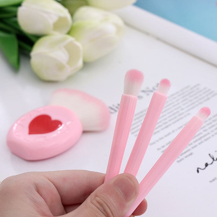 Mini Heart Makeup Brush Set, Portable Makeup Mirror with 5 Pcs Makeup Brushes, Hand Hold Pocket Foldable Beauty Makeup Tools Set, Portable Makeup Brush Box With Mirror