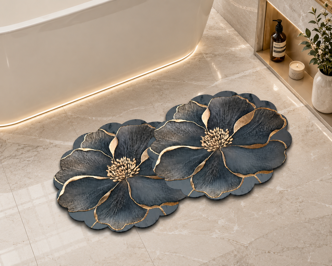 Anti Slip Gold Floral Pattern Bath Mat, Flower Design Washable Rug, Cute Flower Plush Floor Rug