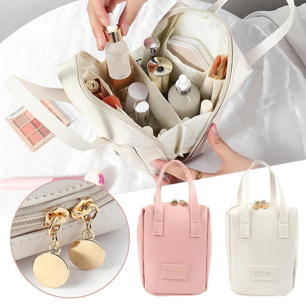 Shell Shape Cosmetic Bag, Large Capacity Handheld Cosmetic Bag, Multiple Compartments PU Travel Pouch, Waterproof Wash Kit Handbag, Fashionable Makeup Organizer with Handle, Stylish Double Zipper Travel Bag