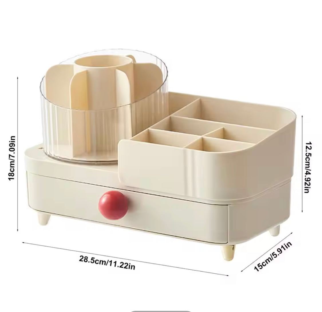 Cosmetic Storage Holder With Rotating Makeup Brush Holder, Makeup Brush Holder With Drawer, Lipstick and Eyebrow Pencil Holder, Makeup Sundries Storage Organizer