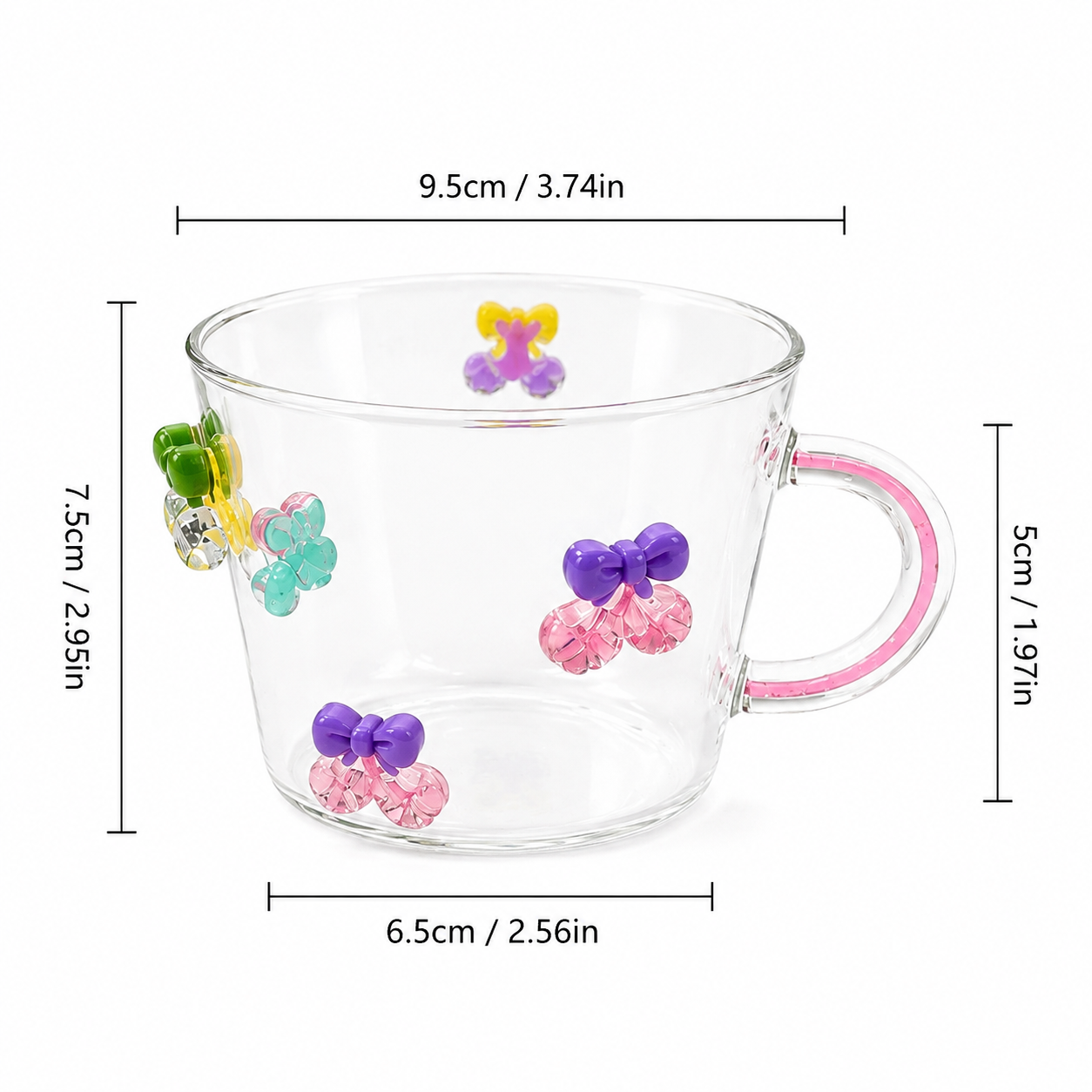 3D Bow Crystal Charm Glass Cup, Aesthetic Bow Crystal Drop Glass Mug, Cute Bow & Sparkle Charm Glass Cup, Kawaii Bow Transparent Glass Cup
