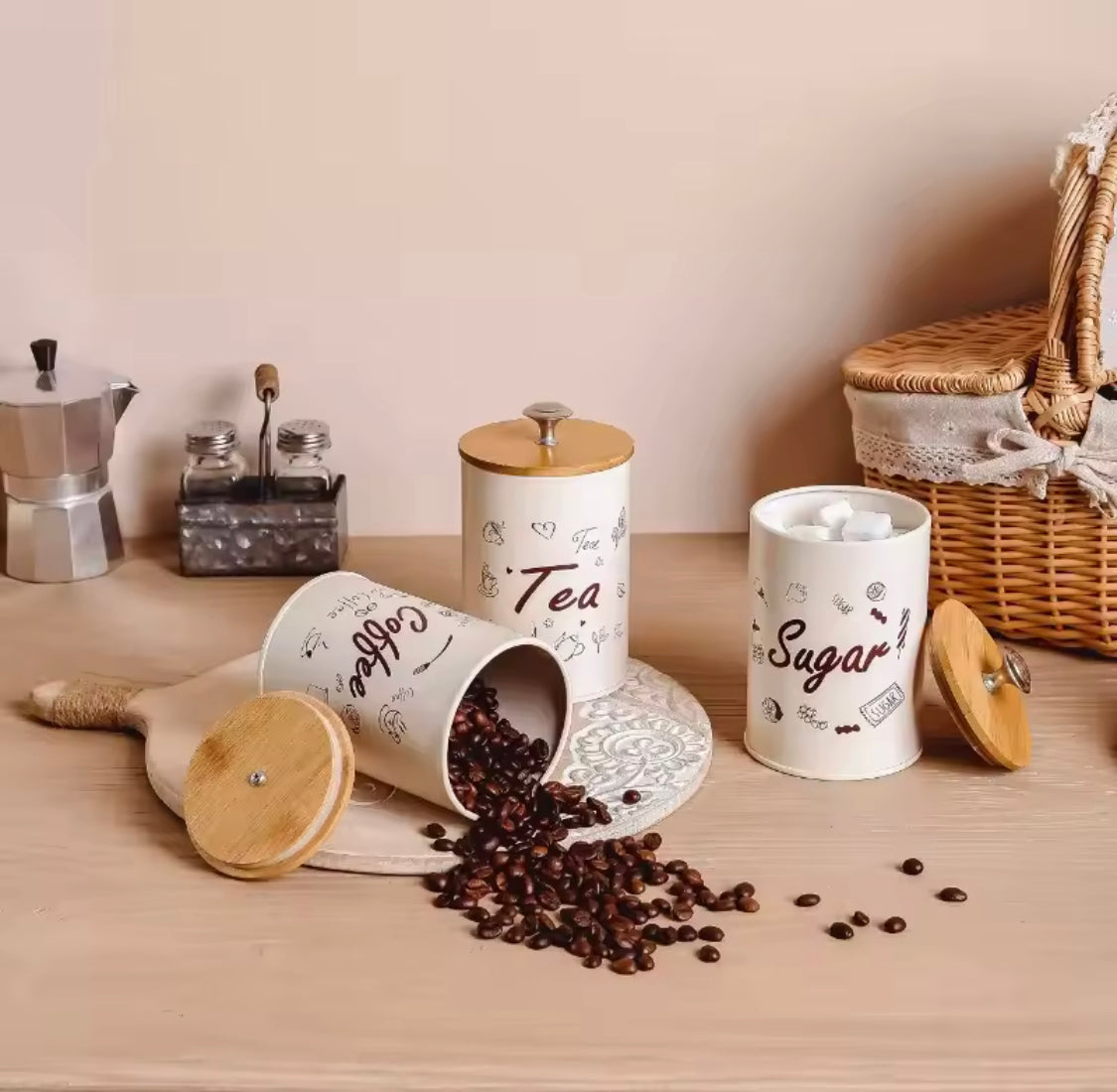 3pcs Coffee Tea And Sugar Jar With Lid, Moisture Proof Kitchen Storage Airtight Cans, Coffee Beans Tea Snacks Sealed Container, Seasoning Bottle Spice Jars, Stainless Steel Kitchen Storage Pots