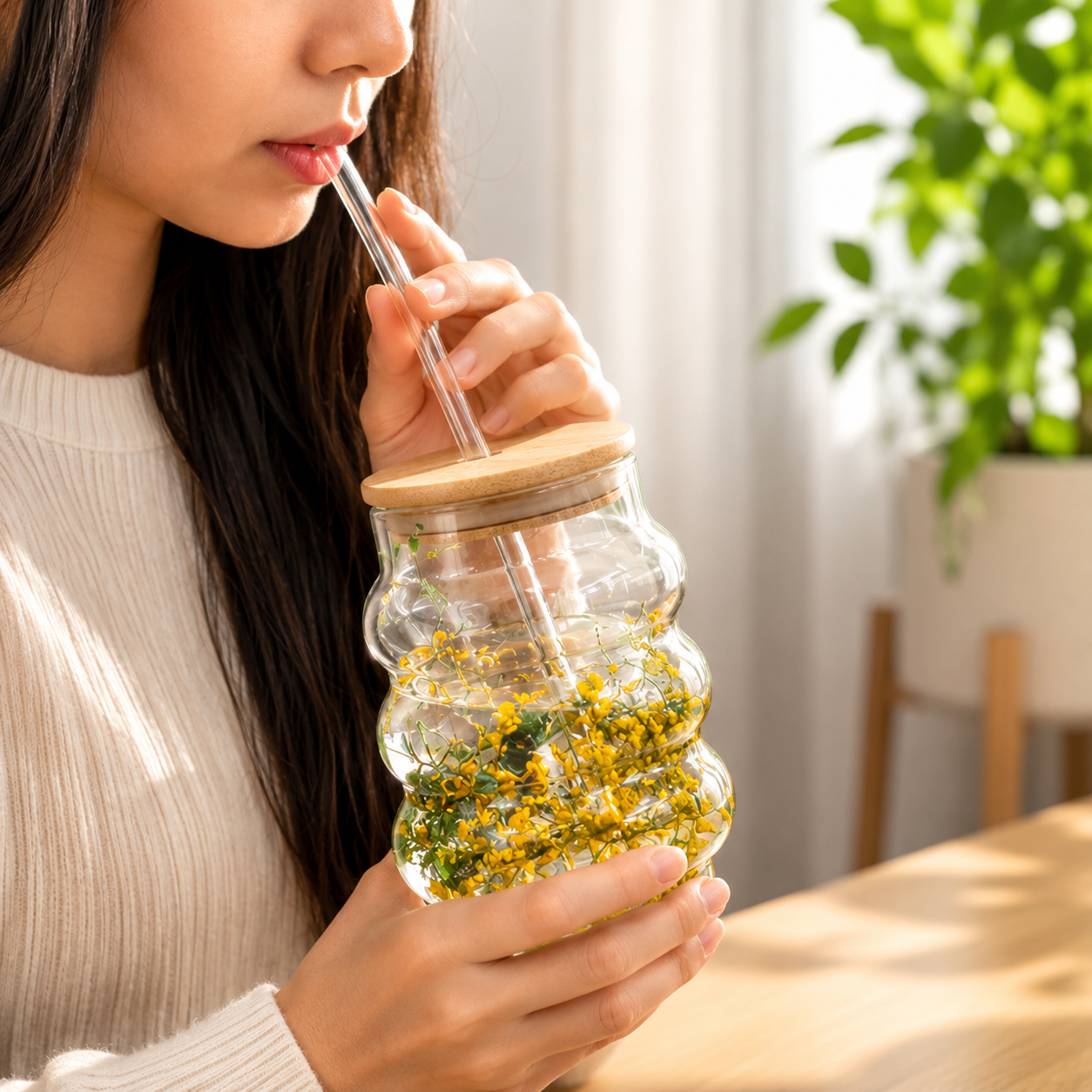 Floral Glass Tumbler with Bamboo Lid, Wavy Floral Glass Drinking Jar, Cute Floral Glass Cup with Bamboo Cover, Bubble Shape Glass Tumbler