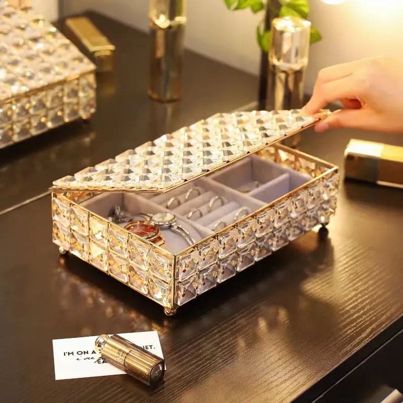 Cab Lock Crystal Jewellery Box, Portable Rectangular Crystal Jewellery Organizer, Desk Topper Decor Jewellery Display Case, Crystal Hollow Jewellery Holder, Nordic Personalized Jewellery Box