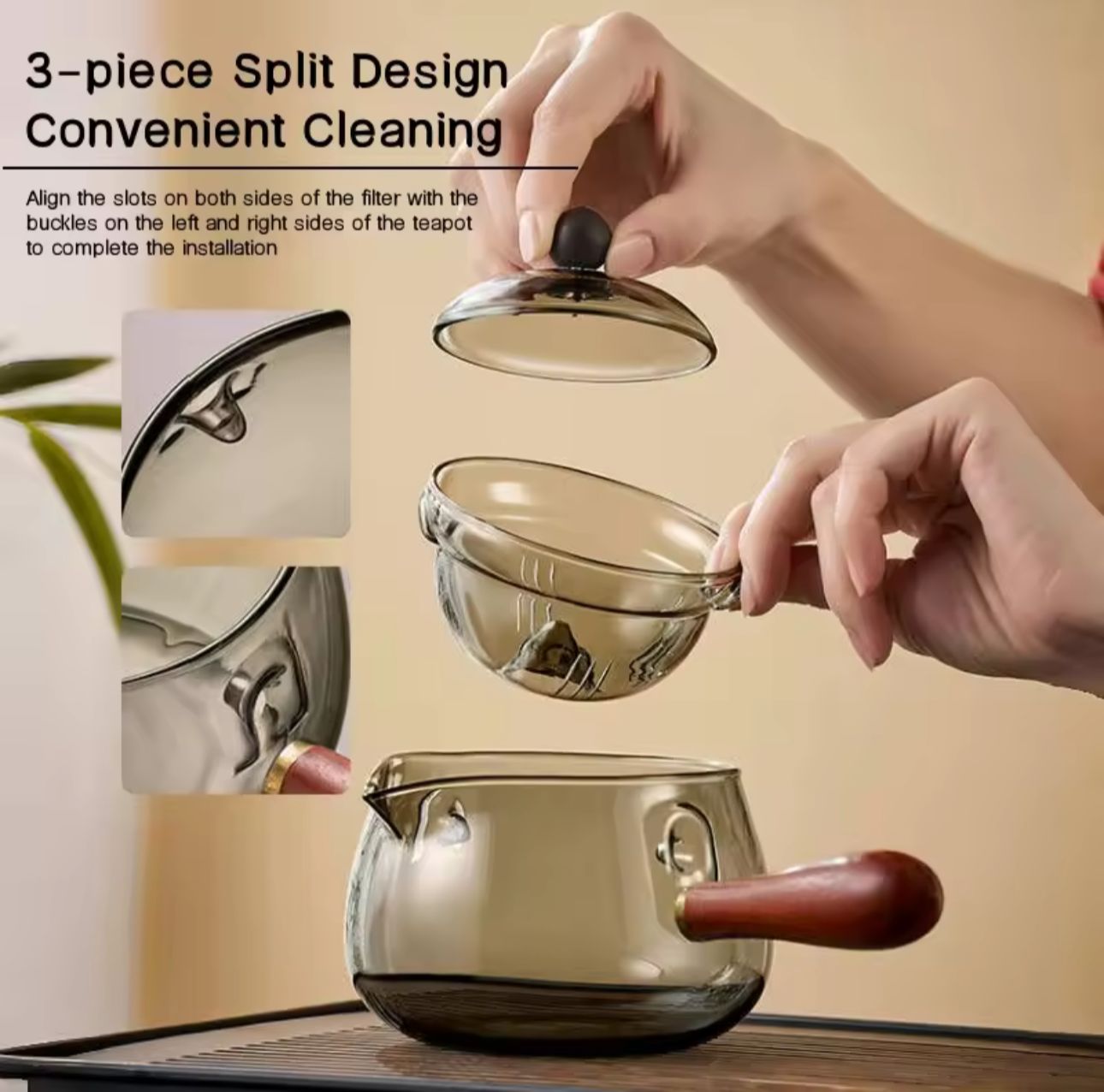 Glass Teapot With Rotating Filter, 360° Rotating Glass Infuser Teapot, Glass Tea Infuser With Wooden Handle, Premium Glass Tea Brewing Kettle