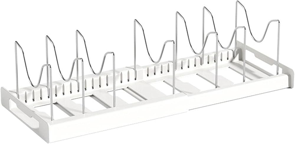 Expandable Pans Organizer Rack, Adjustable 7 Compartments Dish Storage Rack, Pot Lid Organizer, Kitchen Utensils Rack