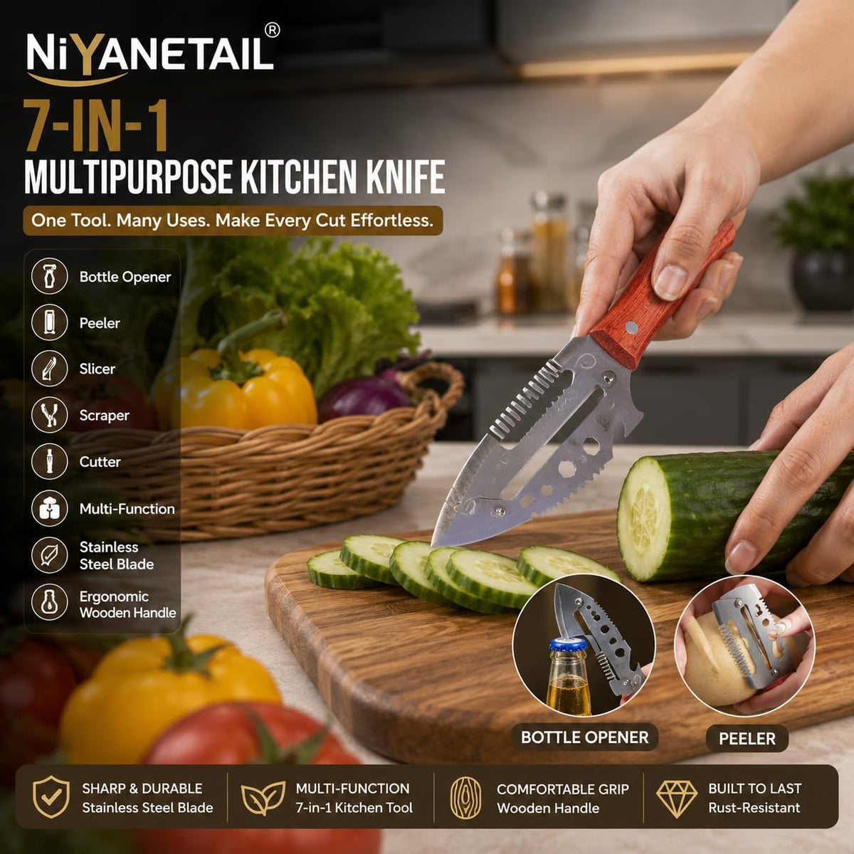 7 In 1 Multipurpose Kitchen Knife, Stainless Steel Vegetable Cutter with Bottle Opener, Fruit And Vegetable Peeler, Kitchen Tool
