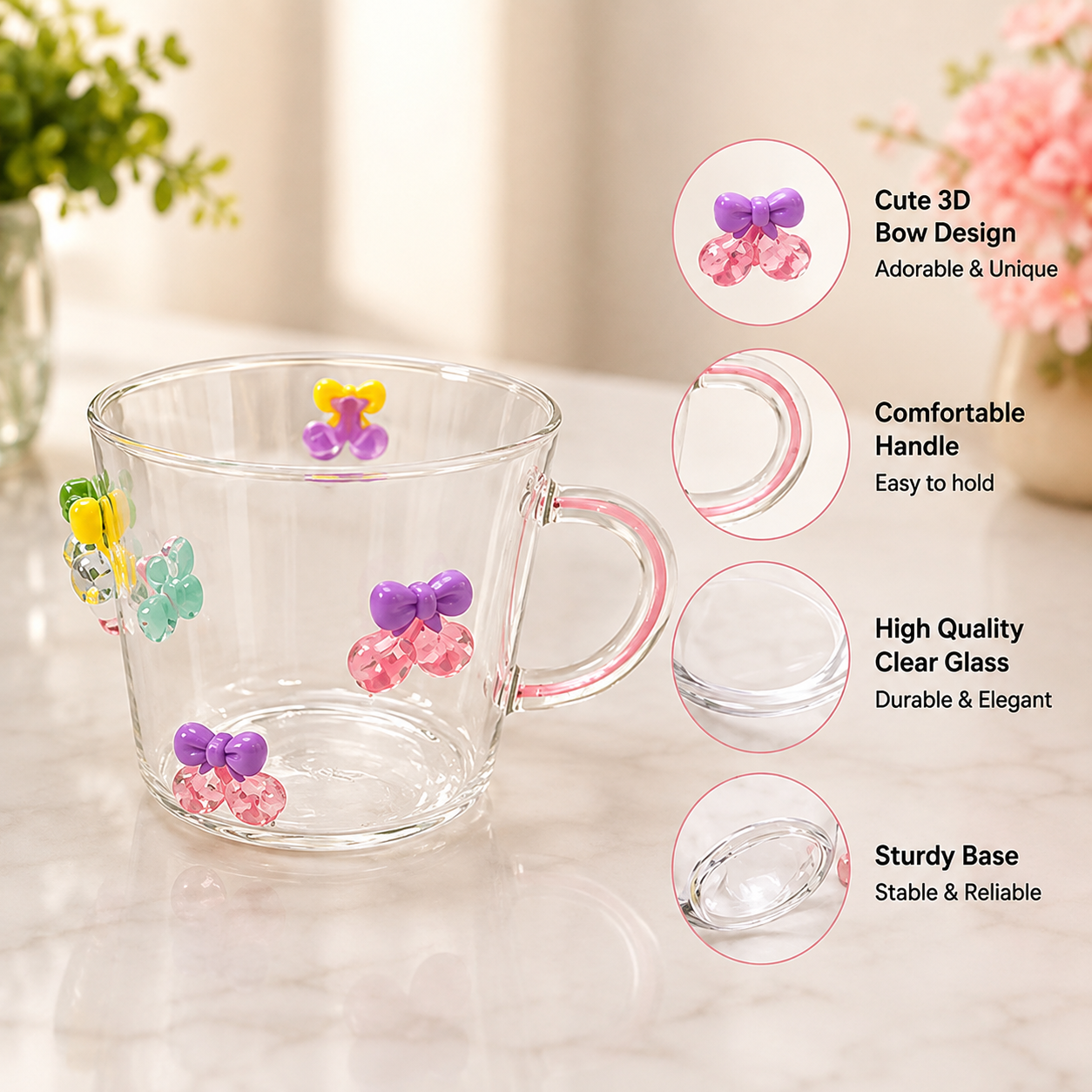 3D Bow Crystal Charm Glass Cup, Aesthetic Bow Crystal Drop Glass Mug, Cute Bow & Sparkle Charm Glass Cup, Kawaii Bow Transparent Glass Cup