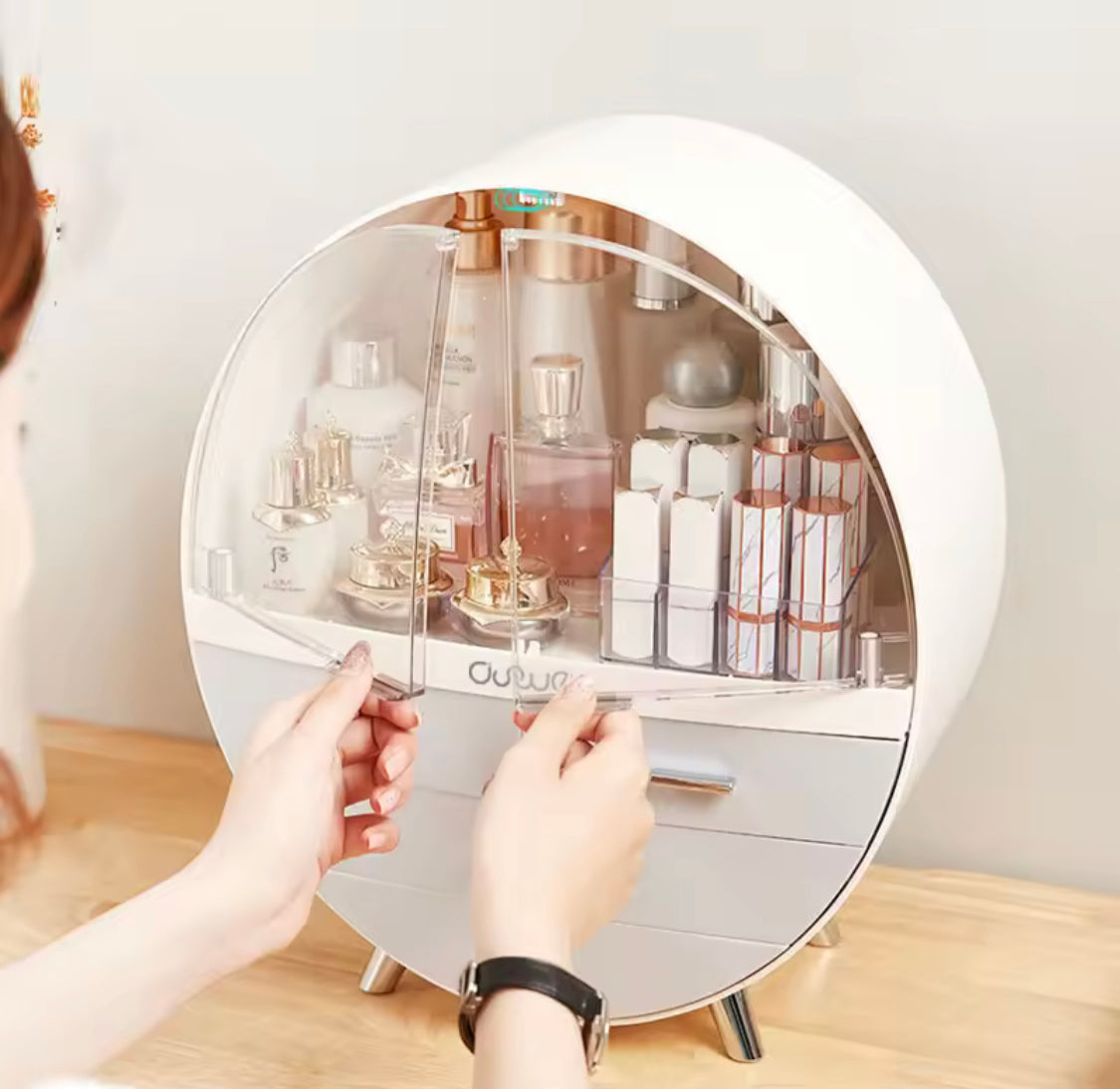 Oval Shape Cosmetic Organizer With Drawer, Makeup Sundries Storage Organizer, Cosmetic Display Case, Dust Proof Storage Rack