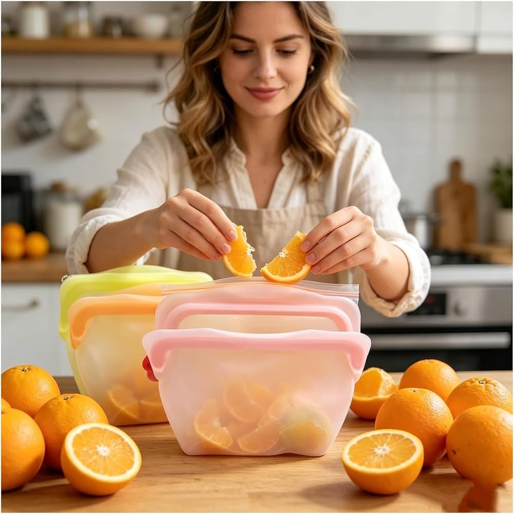 Reusable Silicone Food Storage Bag,
Multi Purpose Silicone Storage Pouches, Fruit and Vegetable Storage Bags, Kitchen Food Preservation Bags