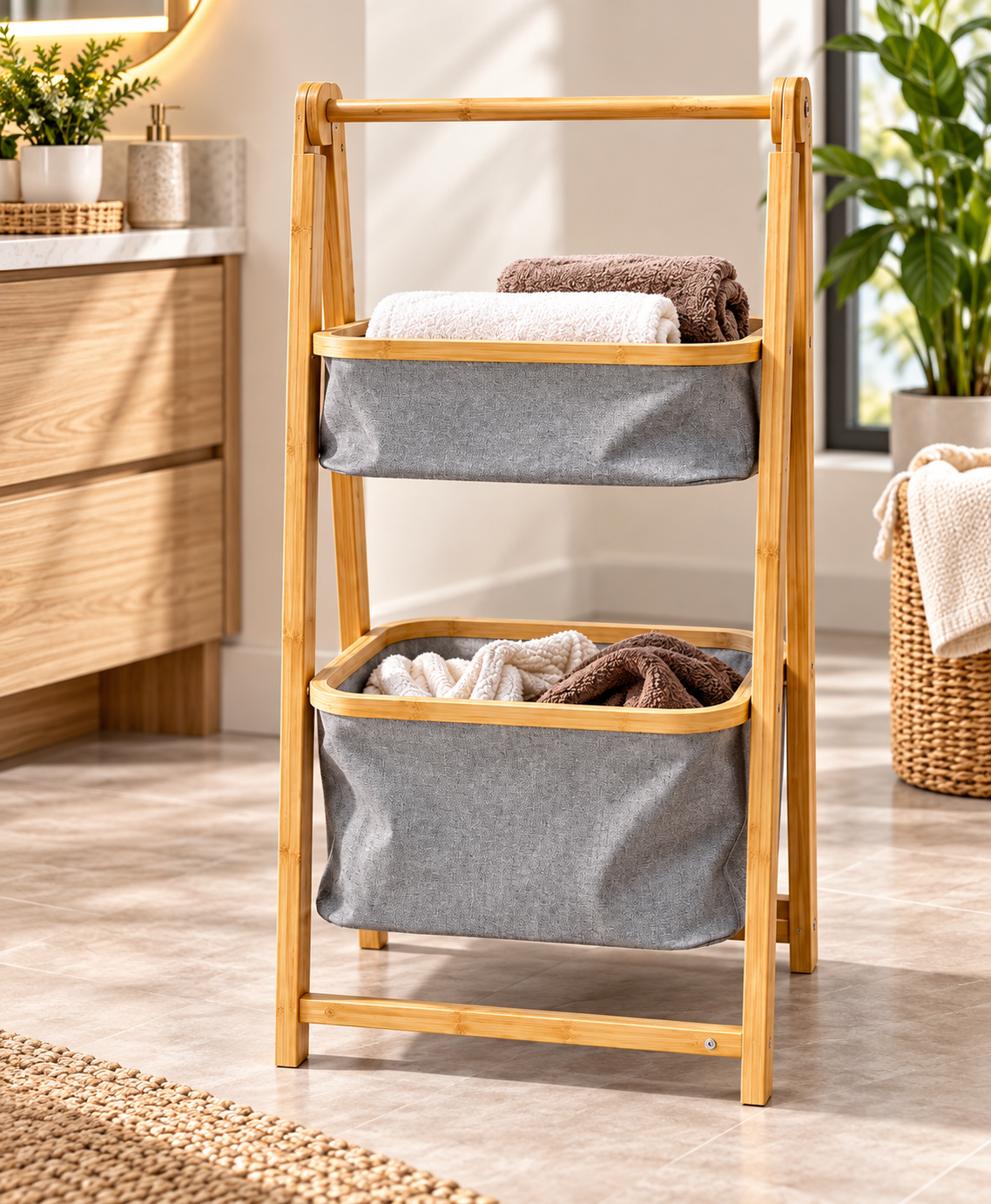 Multi Layer Bamboo Laundry Storage Organizer, Double Layer Bamboo Laundry Rack, Foldable Bamboo Laundry Basket Stand, Laundry Basket And Storage Organizer