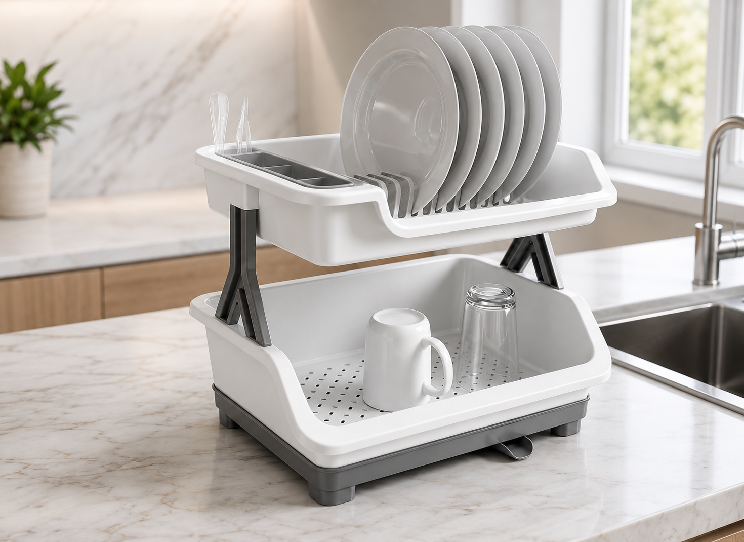 2 Tier Dish Drying Rack with Cutlery Holder, Utensils Dishes Drying Drainer, Kitchen Bowl Plate Tableware Rack, Dinnerware Organizer Basket