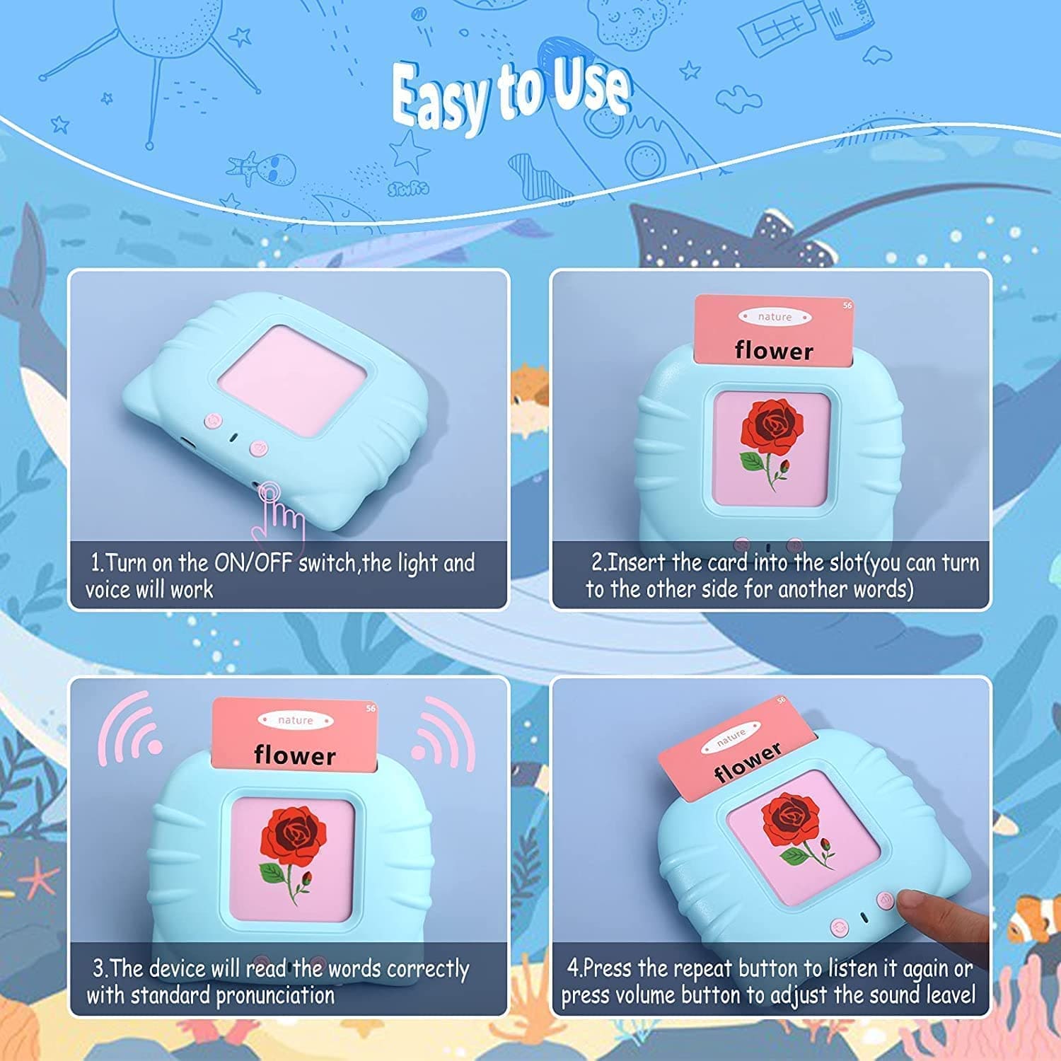 Talking Flash Card Reader, Set Of 12 Early Educated Card Machine, Pocket Vocabulary Educational Game, Educational Learning Talking Flash Cards, Kids English Language Electronic Audio Book, Toddlers Words Reading Helper