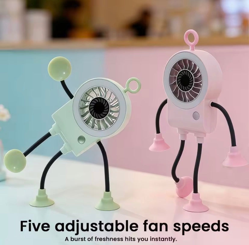 Portable Robot Shape Fan with Suction Cup Stand, Rechargeable LED Robot Mini Fan with Suction Cup Legs, Mini Robot Air Circulation Fan, Suction Cup Robot Cooling Fan