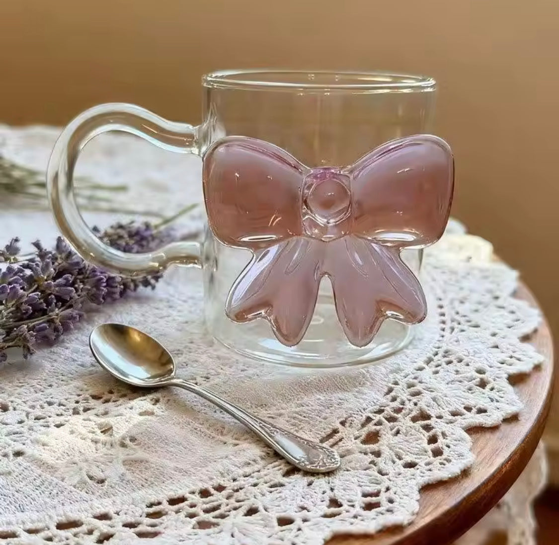Heat Resistant 3D Bow Glass Mug With Handle, Aesthetic Bow Tea Mug, Cute Ribbon Glass Mug for Coffee & Tea, Double Wall Style Bow Glass Mug, Transparent Bow Coffee Mug
