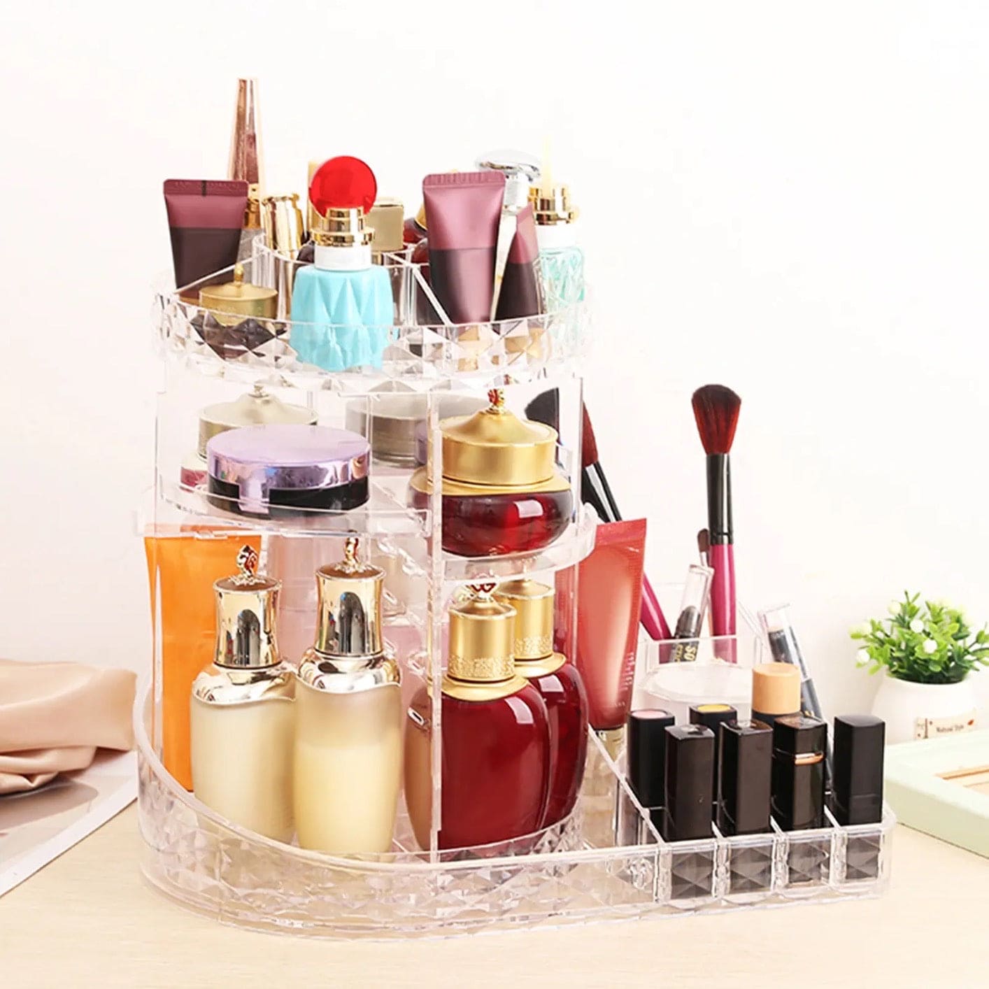 All In One Makeup Organizer, 360 Degree Rotation Makeup Organizer, Crystal Makeup Display Stand, Multifunction Detachable Makeup Beauty Organizer, Adjustable Cosmetic Display Case, Rotatable Transparent Beauty Organizer