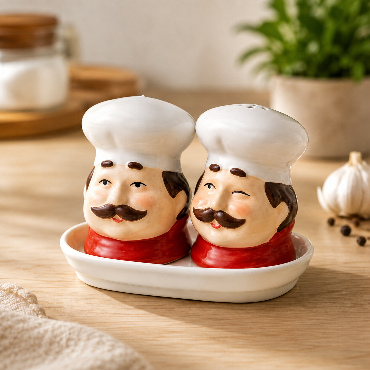 Ceramic Chef Salt And Pepper Shaker Set, 2pcs Kitchen Seasoning Set with Serving Tray