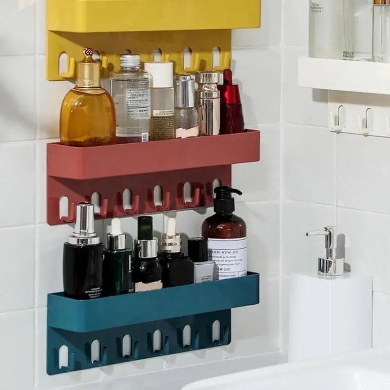 Shower Caddy Basket With Hooks, Wall Mounted Floating Shelf, Multipurpose Countertop Basket, Bathroom Kitchen Storage Rack, Self Adhesive Storage Rack With Hook, Nordic Kitchen Bathroom Rack