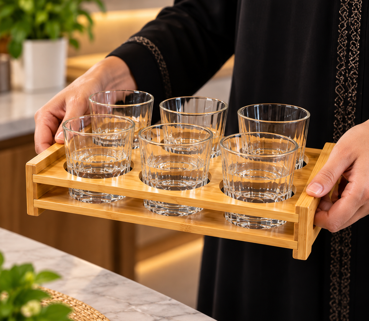 6 Slot Bamboo Glass Holder, Wooden Glass Tray Holder, Tabletop Glass Rack, Wooden Beverage Serving Stand