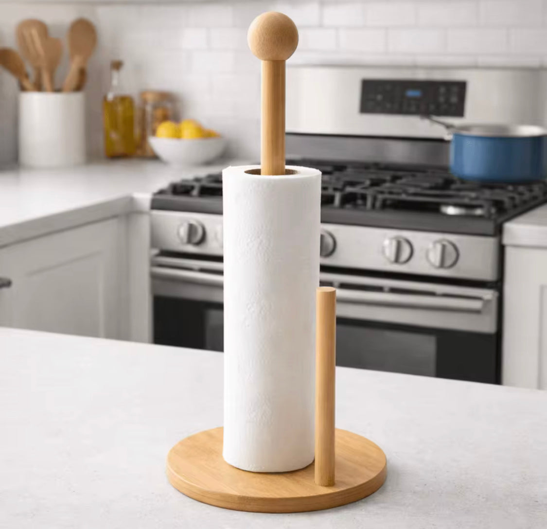 Wooden Paper Towel Holder, Countertop Vertical Tissue Holder Rack, Bamboo Paper Towel Stand for Kitchen Living Room, Multipurpose Countertop Stand
