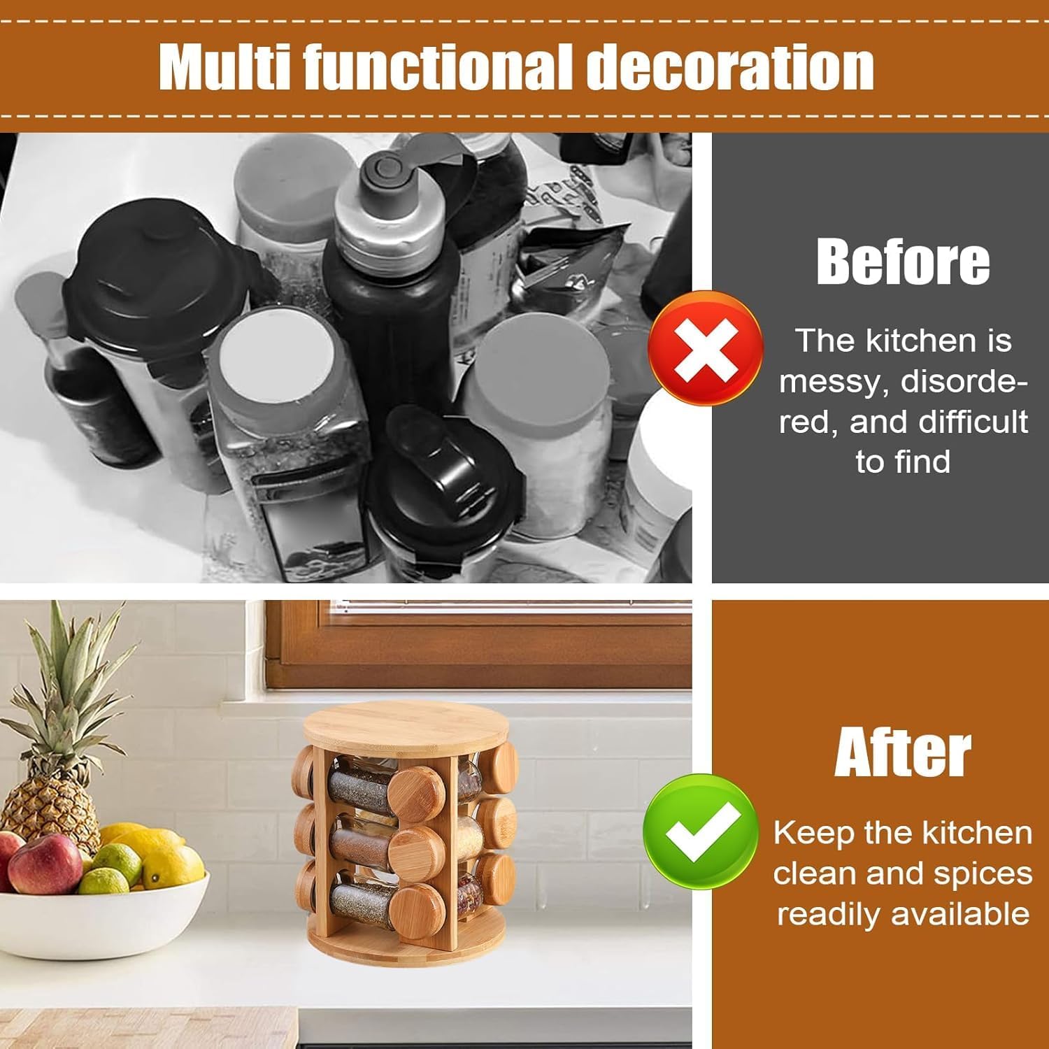 360° Rotating Wooden Spice Jar Organizer, Round Shape Kitchen Masala Rack with Jars Set, Spice Jar Stand, Kitchen Storage Organizer