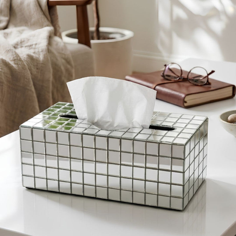 Luxury Mirror Mosaic Tissue Box Cover, Large Capacity Paper Dispenser, Living Room Tissue Storage Box