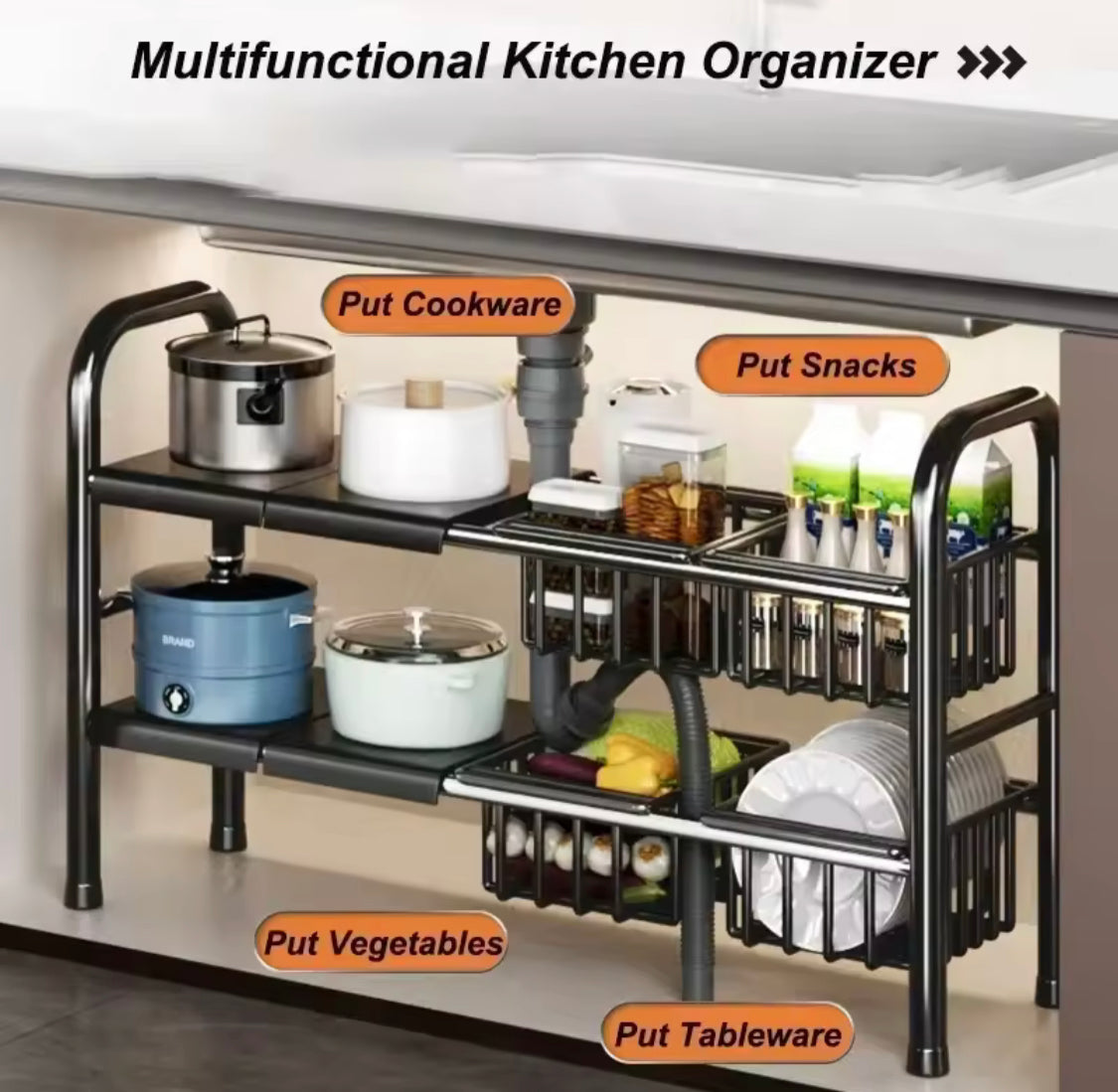 2 Tier Under Sink Organizer, Expandable Cabinet Shelf, Kitchen Under Sink Adjustable Dish Rack, Multifunctional Kitchen Organizer